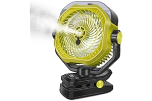 DYMUZIC Portable Rechargeable Misting Fan with 12oz Mist, Battery Life Display, Remote, Timer, Light, 5 Speeds, 9-Inch, 20000mAh 120H Battery Powered Clip Fan for Stroller, Travel, Outdoor, Poweroutage