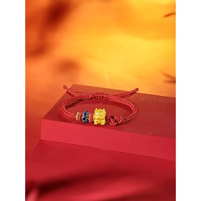 ZHOU LIU FU 24K Solid Gold Bracelet - Adjustable Red Black Braided Cord With Pixiu, Dragon & Turtle Charms - View #12