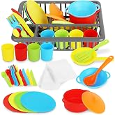 Playkidiz Kids Play Dishes with Drainer - 27PC Tableware &amp; Pretend Kitchen Accessories, Plastic Play Set - Durable and Colourful for Children Ages 3+