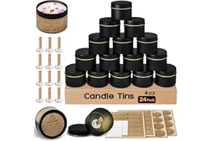CollectHall Candle Tins 4oz, 24 Set Candle Making Kit with Bulk Candle Containers, Wood Wicks, Sticker, Wick Holders,Warning Labels for Small Businesses,Candle Jars with Lids for DIY Candle Making