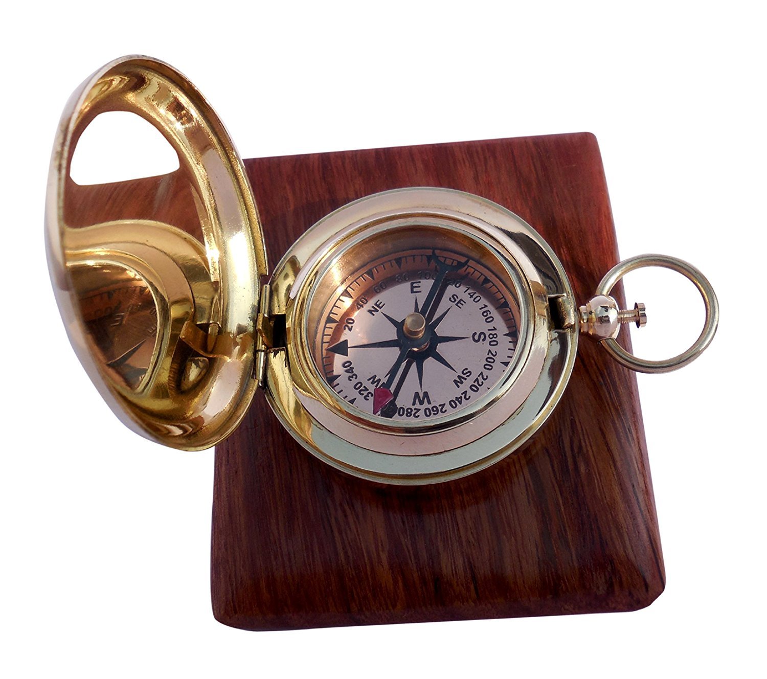 Handmade Brass Push Open Compass with Rose Wood Case, Pocket Compass for Hiking Rustic Vintage Home Decor Gifts