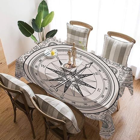 Amazon 方位磁針 綿麻 テーブルクロス 145 225cm 手書き風アートイラスト航海イラストぬりえブックデザイン 厚手 綿麻汚れ防止 家庭用 業務用 長方形 テーブルクロス オンライン通販