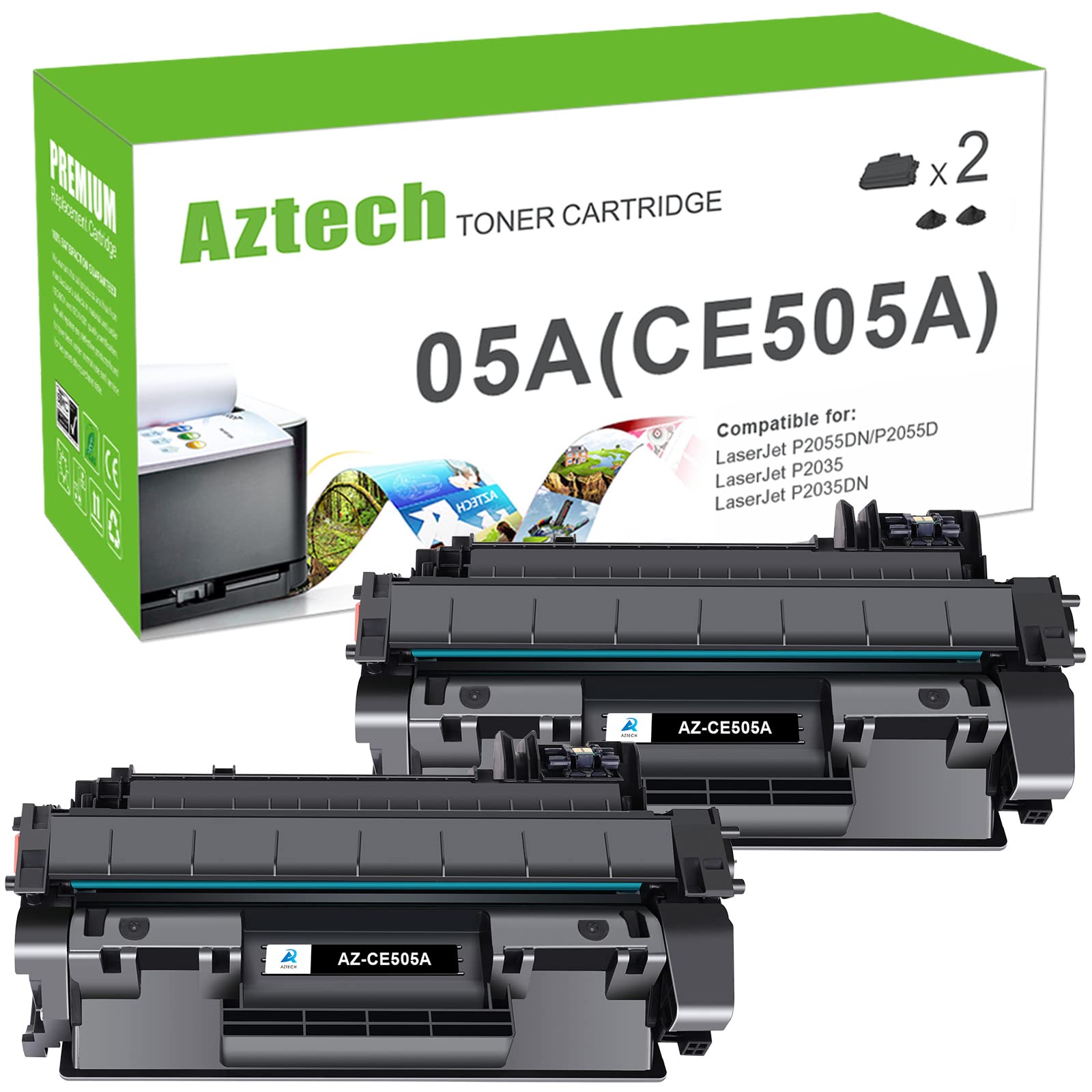 Photo 1 of Aztech Compatible Toner Cartridge Replacement for HP CE505A 05A for HP P2035 P2035N P2055DN 2055DN 2035N P2030 P2050 P2055D P2055X 2055D 2055X Printer (Black 2-Pack)