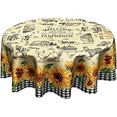 Granbey Farmhouse Tablecloth Round 60 Inch - Farm Animal Table Cloth Rustic Chicken Cow Sunflower Table Cover Floral Rooster Cabin Tablecloth for Kitchen Dining Party Indoor Outdoor