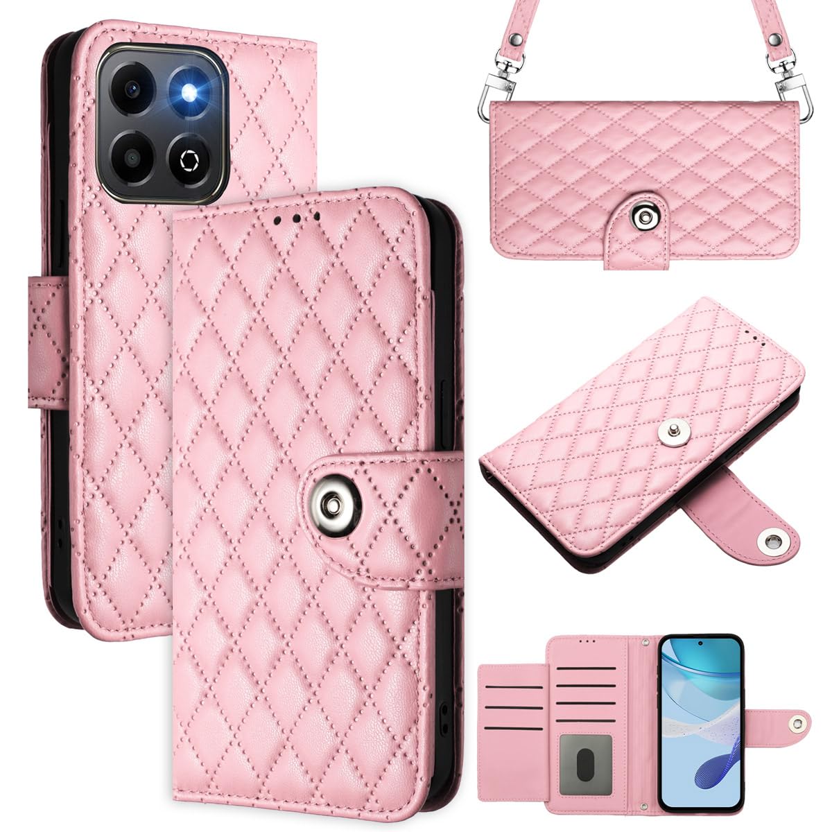 MOJIA Flip Case for Honor X6b 4G, PU Leather Wallet Case Flip Phone Cover, Card Holder Multifunctional Case with Wrist and Shoulder Strap. Pink