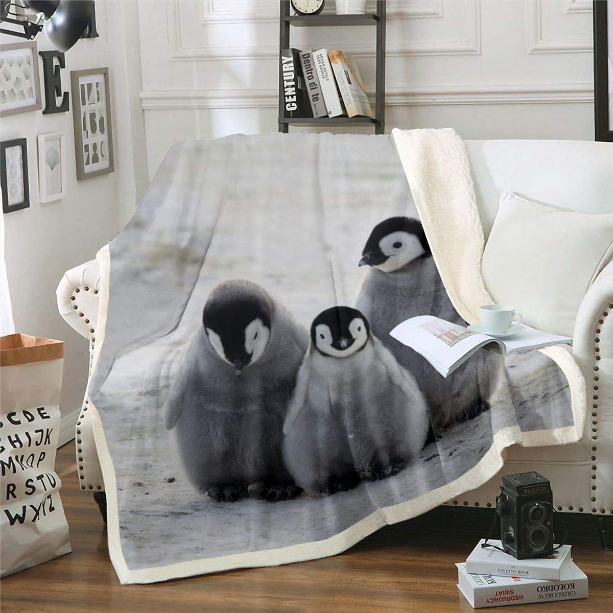 Homemissing Penguin Fleece Throw Blanket - Cartoon Sherpa For Kids, Boys, Girls - Funny Cute Polar Animal Plush - Snowy Winter Decor Fuzzy For Sofa Bed, Double 60x79 Inch