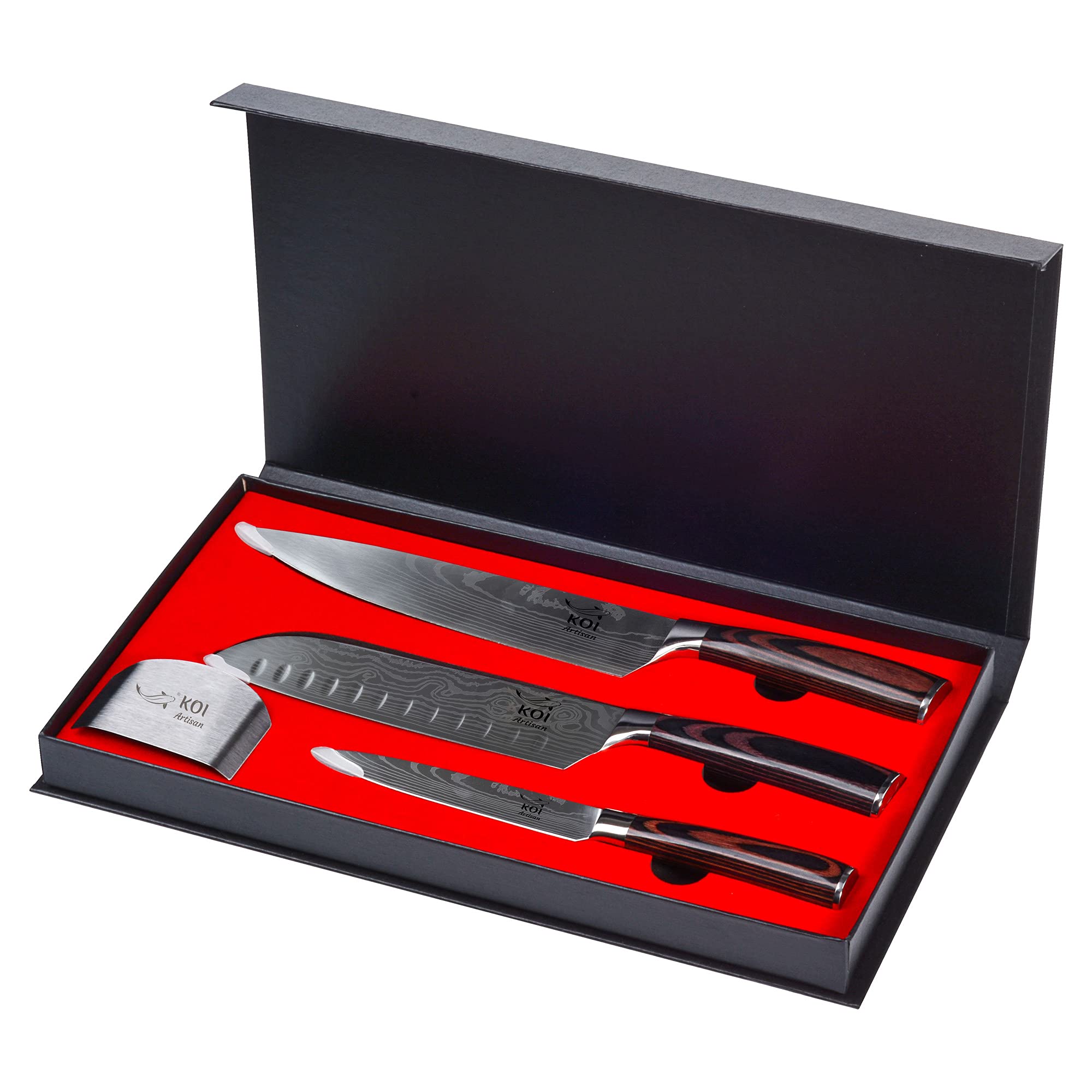 KOI ARTISAN Professional Knife Set - Stainless Steel Kitchen Knives with Ergonomic Pakka Wood Handle - Japanese Chef Knives Presented in Gift/Box
