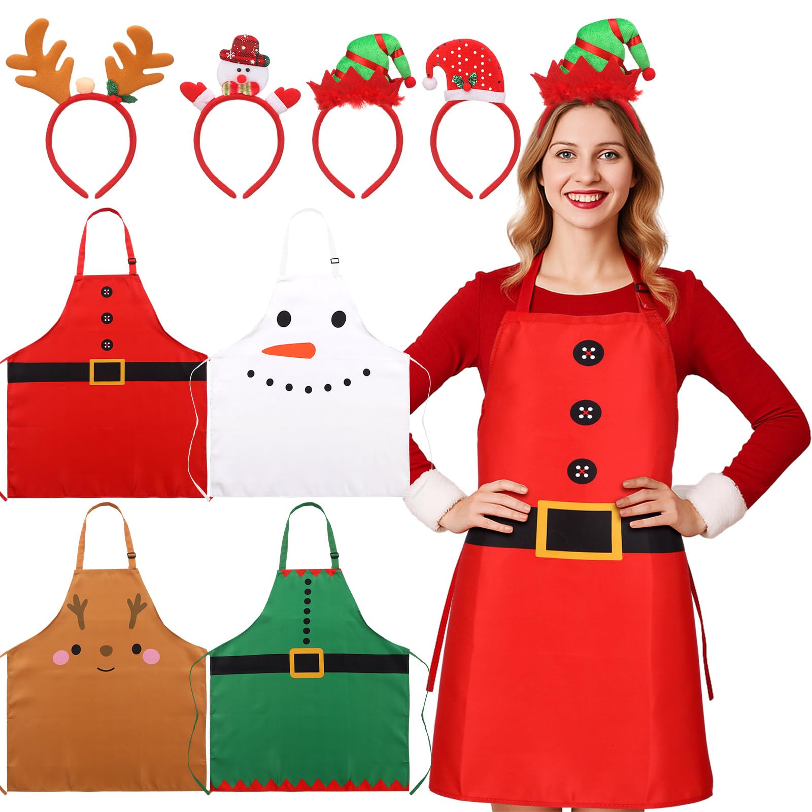 Photo 1 of **PARTIAL SET**
 4 Set Christmas Apron Adjustable and Headbands Christmas Kitchen Santa Cooking Aprons Xmas BBQ Snowman Funny Chef Set for Women Men Costume Gifts Accessories Headwear Party Favors