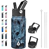 BJPKPK Insulated Water Bottles with Straw Lid, 18oz Stainless Steel Metal Water Bottle, Cold Hot Thermo with 3 Lids, Leak Proof BPA Free Travel Cup, Wide Mouth Flasks, Thermo-Ocean