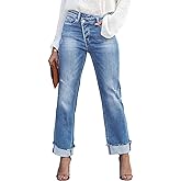Metietila Jeans for Women Trendy High Waisted Corssover Boyfriend Jeans Distressed Stretchy Denim Pants