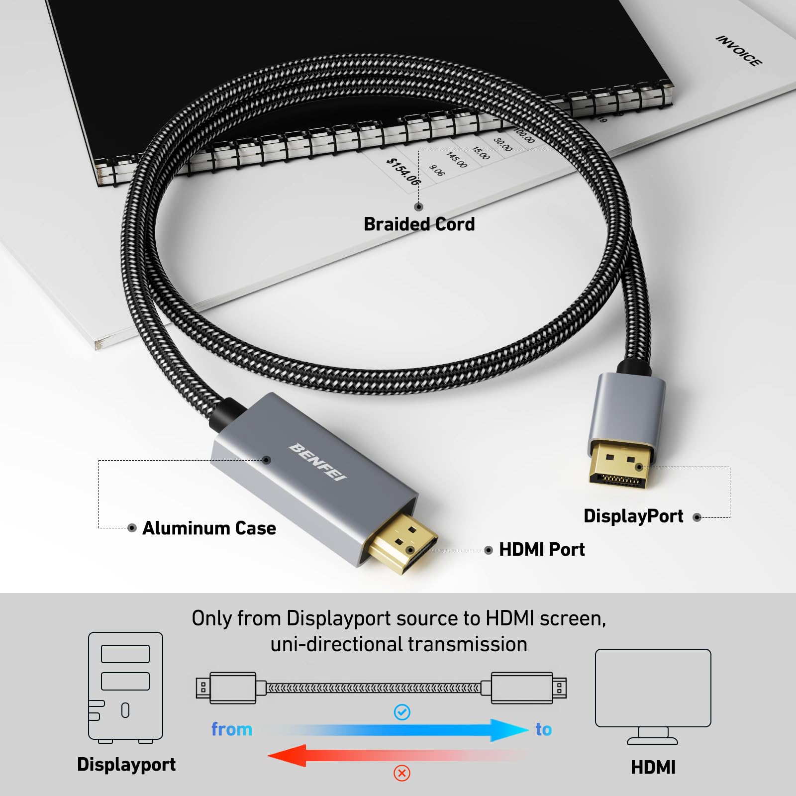 BENFEI DisplayPort to HDMI, Uni-Directional 4K DisplayPort (DP) Computer to HDMI Monitor 6 Feet Cable Compatible with HP, ThinkPad, AMD, NVIDIA, Desktop and More - Male to Male, Space Grey