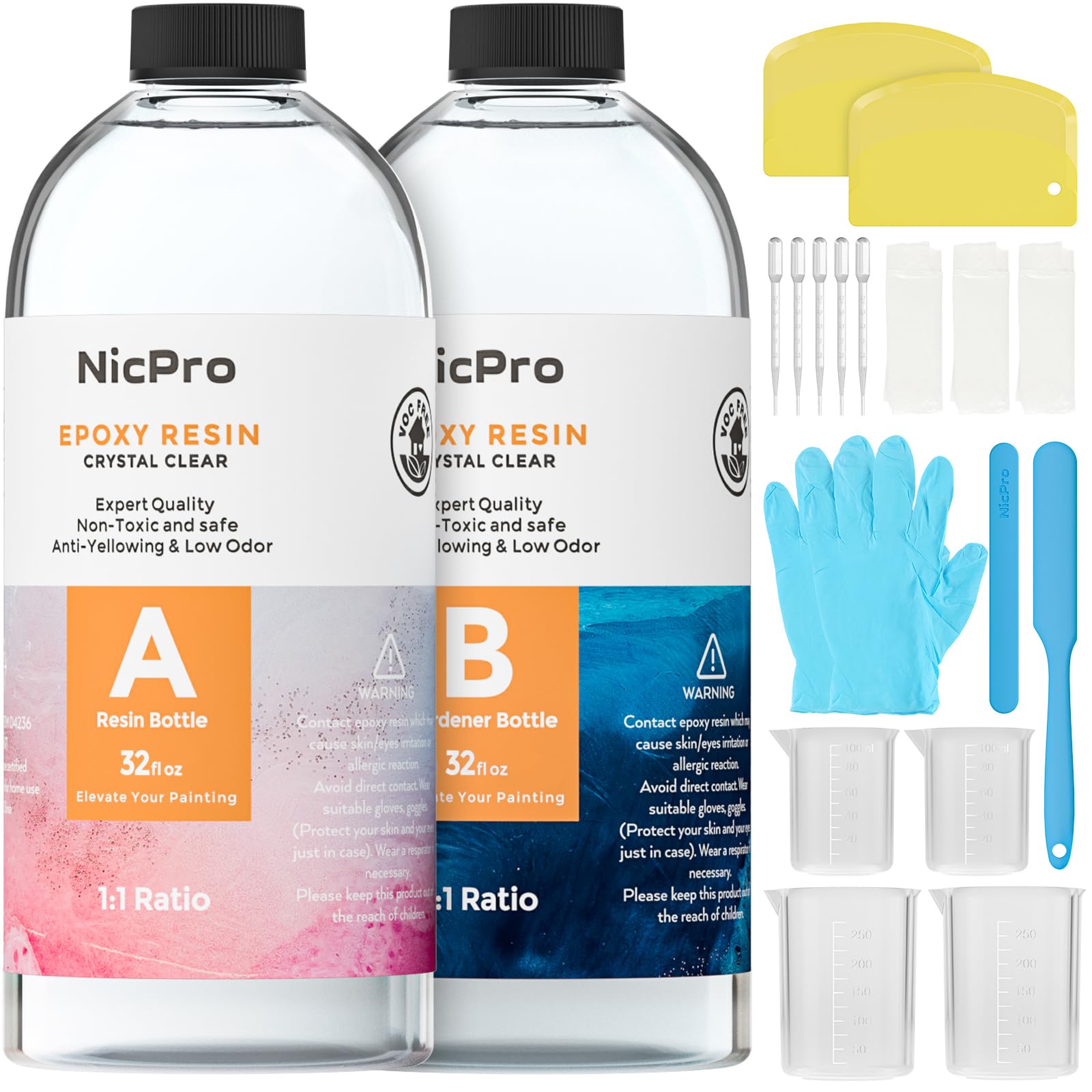 Nicpro Epoxy Resin Kit 64 oz/ 1920ml, Crystal Clear Resins and Hardener High Gloss & Bubbles Free Resin Supplies with Cups, Sticks, Gloves, for Coating and Casting, Craft DIY, Table & Bar Top, Molds