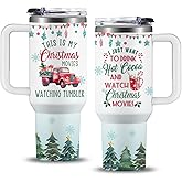 Christmas Movie Tumbler with Handle and Straws 40oz Stainless Steel Insulated Travel Cups - Holiday Winter Vacation Xmas Gifts for Friends Family Coworkers - This is My Christmas Movies Watching Mug