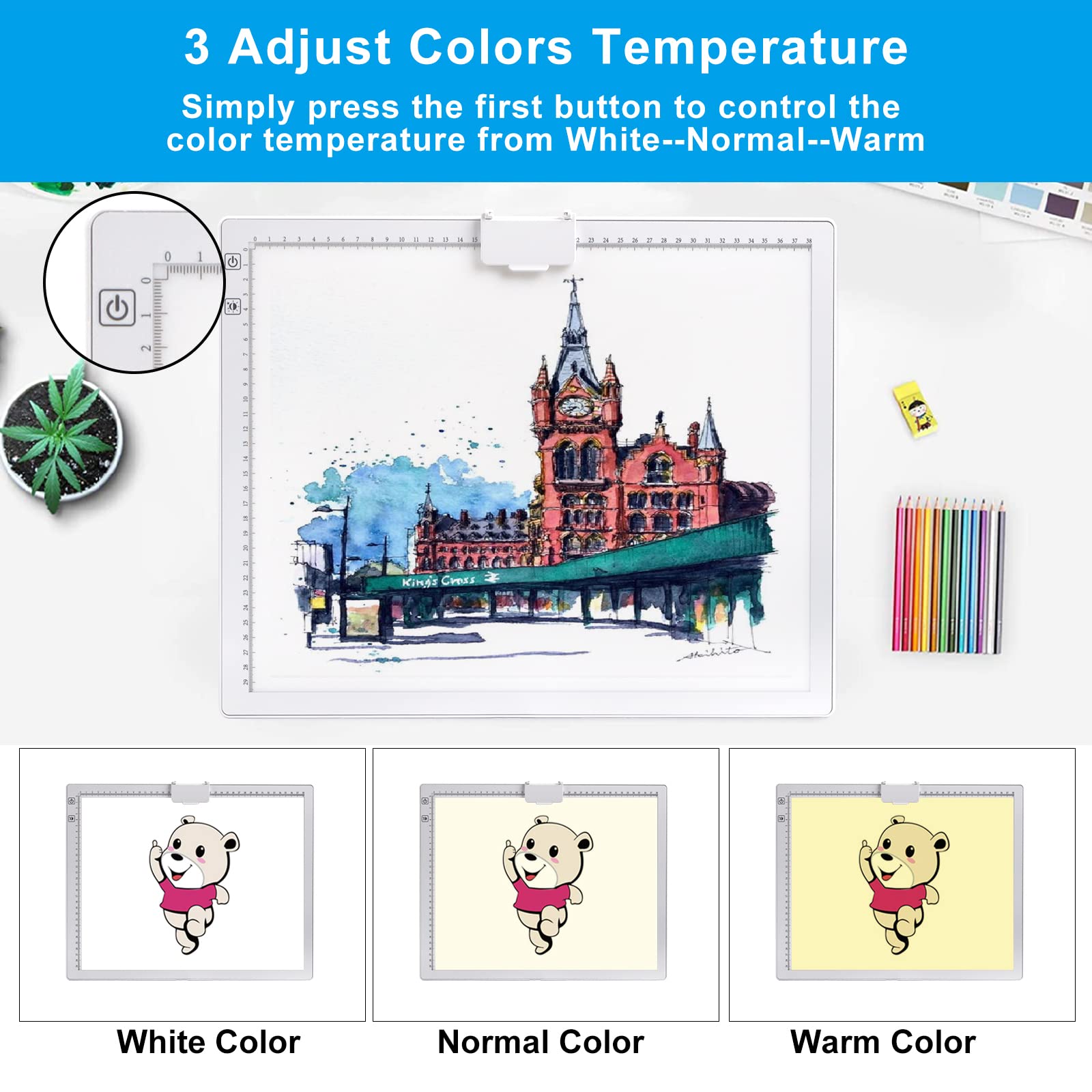 A3 Rechargeable Light Pad with Case, TOHETO 2500mAh Battery Powered Light Board with Stand and Top Magnetic Clip 3 Colors Stepless Dimmable 6 Levels Brightness Light Box for Diamond Painting (White)