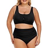 Summer Mae Plus Size Women Ribbed Bikini Set Two Piece High Waist Swimsuit Scoop Top Tummy Control Bathing Suit Swimwear
