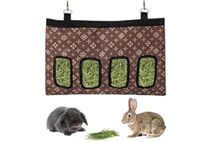 RMNHPTK Rabbit Hay Feeder Bag, Large Capacity Rabbit Hay Bag Small Animal Hanging Hay Bag 600D Oxford Cloth Bunny Hay Feeder Bag for Rabbits Guinea Pigs Chinchillas (Brown-4 Holes-1Pcs)