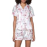 Women Cute Two Piece Pajama Set Y2K Bow Printed Satin Silky Short Sleeve Button Shirts Wide Leg Shorts Pjs Loungewear