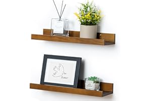 FLYJOE Picture Ledge Wall Shelves 16 inch Width Set of 2, Solid Pine Wood Rustic Floating Ledge Shelves for Wall for Kids' Room Bedroom Kitchen Bathroom Living Room Nursery Display Wall Decor, Walnut
