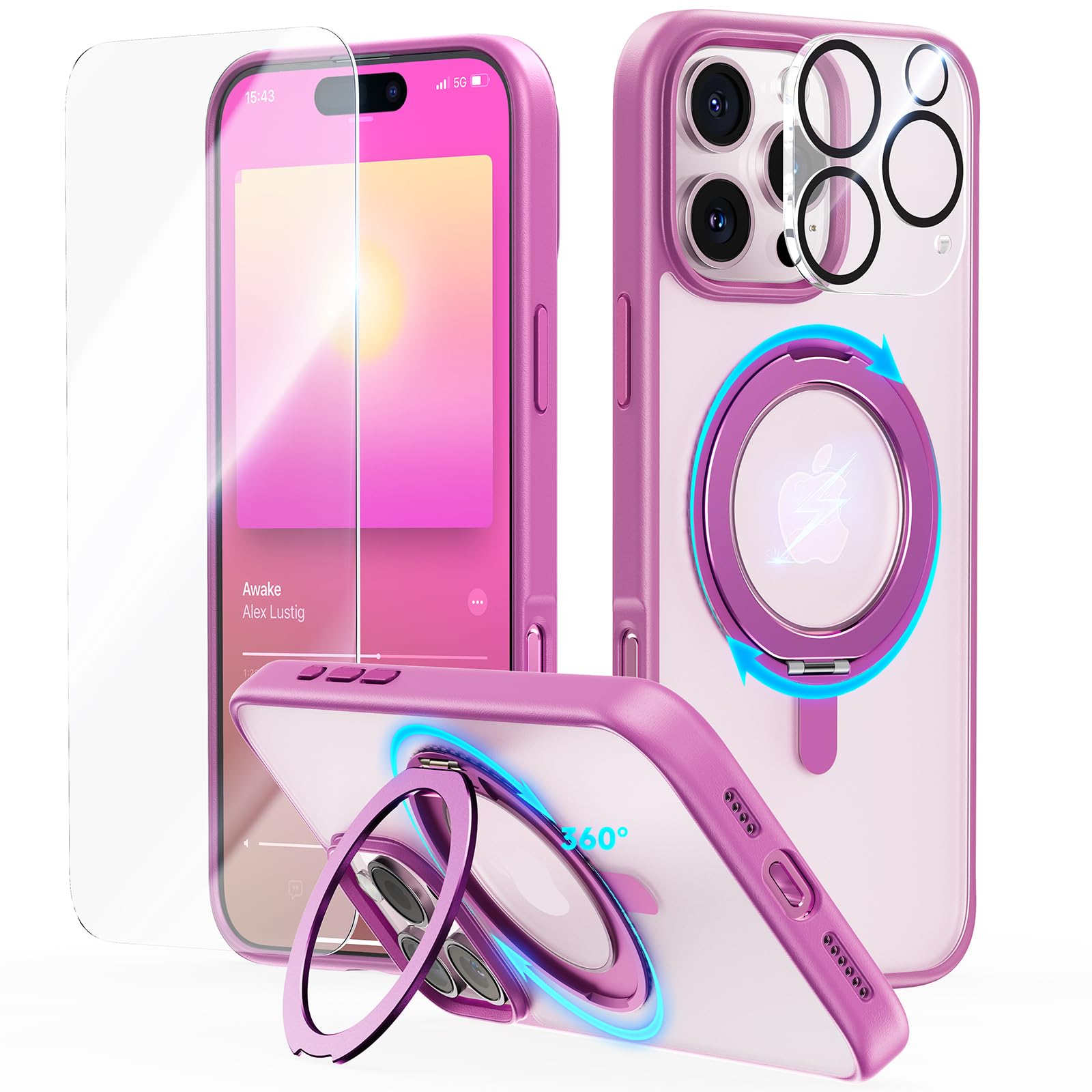 JUESHITUO for iPhone 16 Pro Max Case: 360° Spin Magnetic Stand, Full Camera Protection, Fit for MagSafe, Military Grade Shockproof Protective Phone Cover with Kickstand Ring Holder,Pink