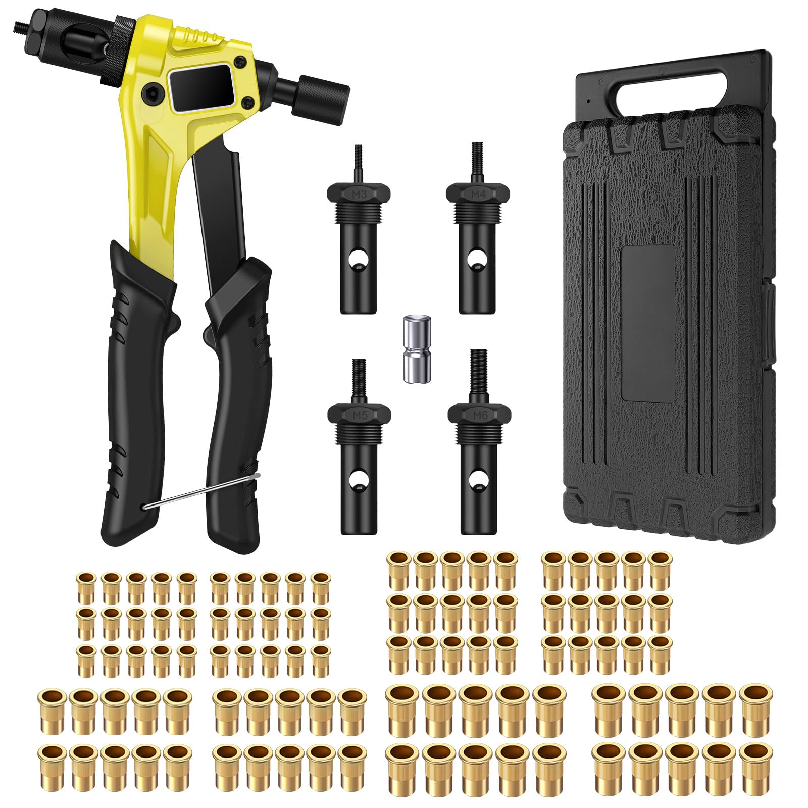 eSynic Rivet Nut Gun Rivnut Tool 8 Inch Rivnut Tool Kit Protable Rivet Nut Tool Set Hand Riveter Nut Gun Kit with 100pcs Nuts Included M3 M4 M5 M6 Nut Tools with Carrying Case to Make The Work Easier