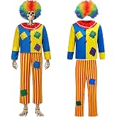 4 Pcs 12 Foot Skeleton Clown Outfit Skeleton Halloween Costume Set White | Include Rainbow Wig Colorful Top Red Yellow Striped Pants Red Nose for Yard Haunted House Halloween Party Outdoor Decoration