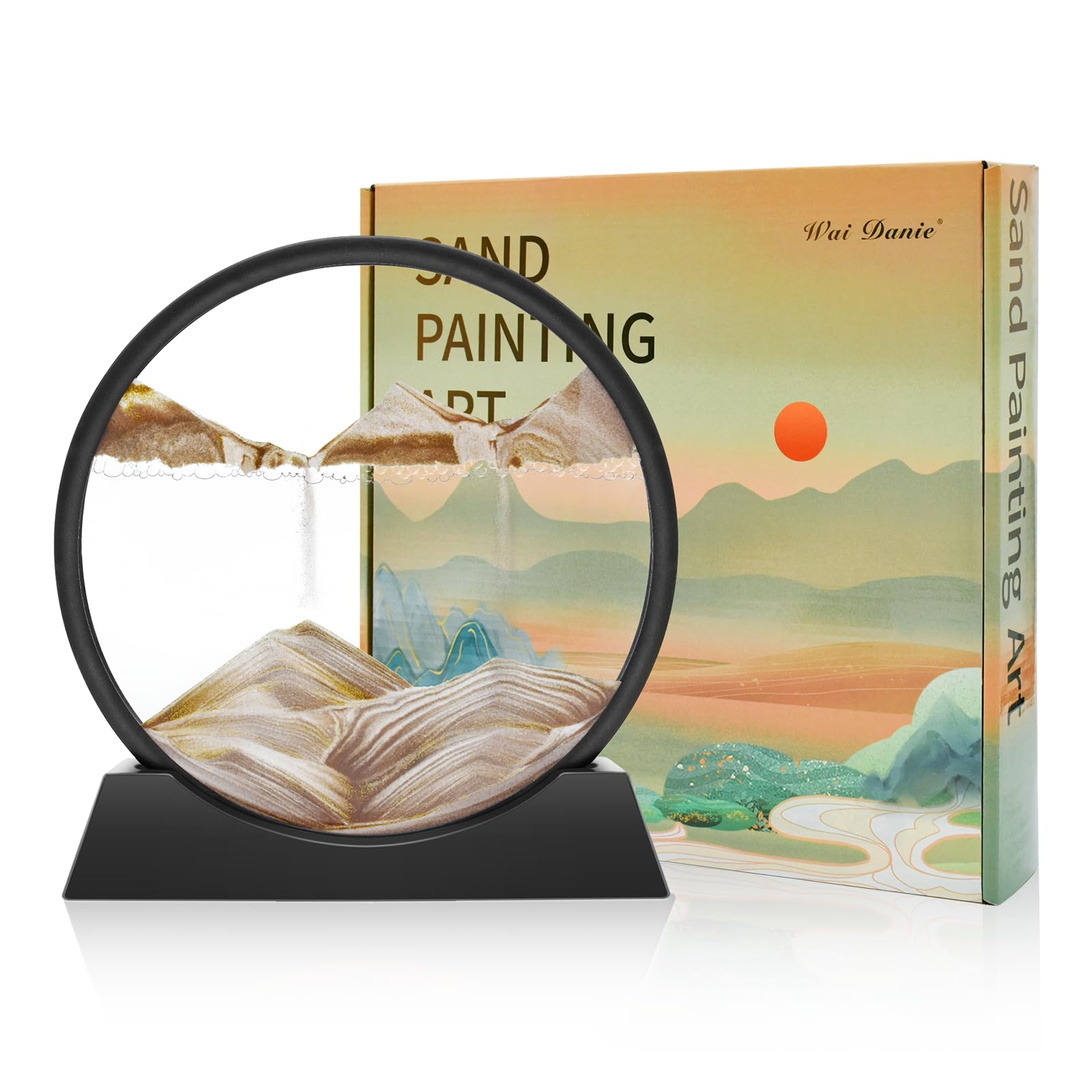 Wai Danie Moving Sand Art Picture 3D Hourglass Deep Sea Sandscape Liquid Motion Display Painting Flowing Sand Frame Relaxing Desktop Home Office Work Decor (Coffee Color, 12")