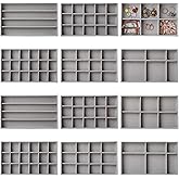Inbagi 12 Pcs Small Velvet Jewelry Tray Stackable Jewelry Drawers Insert Divided Organizer Trays Storage Display Trays (Gray)