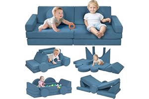 Qaba 12-Piece Modular Kids Play Couch Building Fort for Playroom Bedroom, Convertible Kids Sofa Foam and Floor Cushion, Boys 