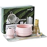 DOWAN Matcha Whisk Set, 7 Pcs Matcha Set Includes Bowl with Spout, Whisk and Holder, Bamboo Scoop and Holder, Sifter and Tea Towel - Matcha Kit Gift for Lovers Beginners (Pink)