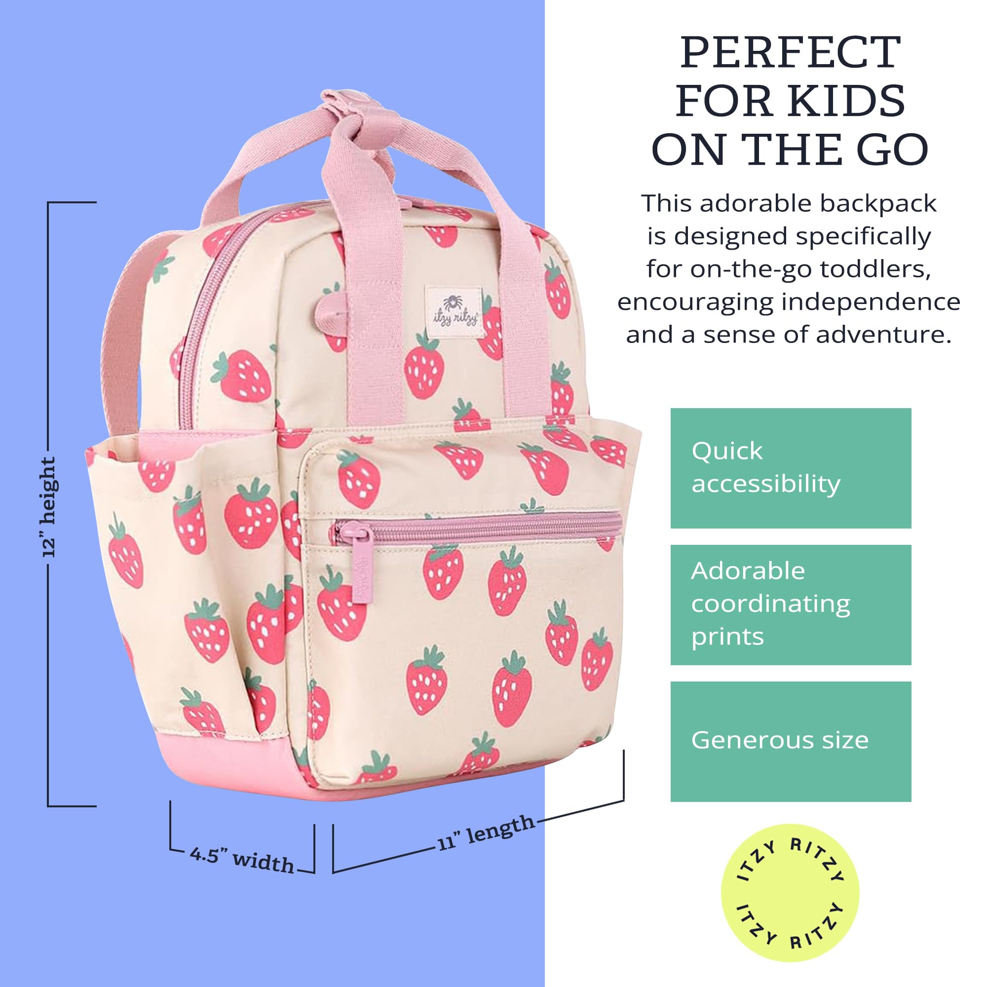 Itzy Ritzy Toddler Backpack - Daycare Bag - Features Adjustable Shoulder Straps, 2 Side Pockets & Spacious Interior with Wipeable Fabric Lining & Name Label, Strawberry Backpack