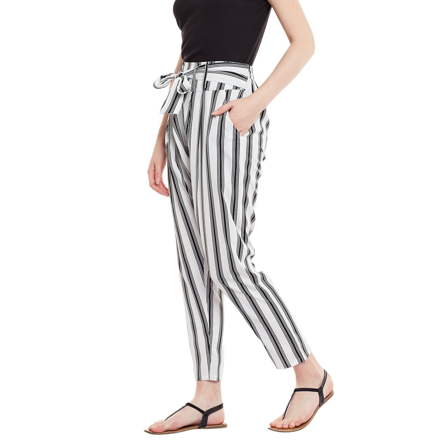 panit women's crepe striped cigarette trouser black & white