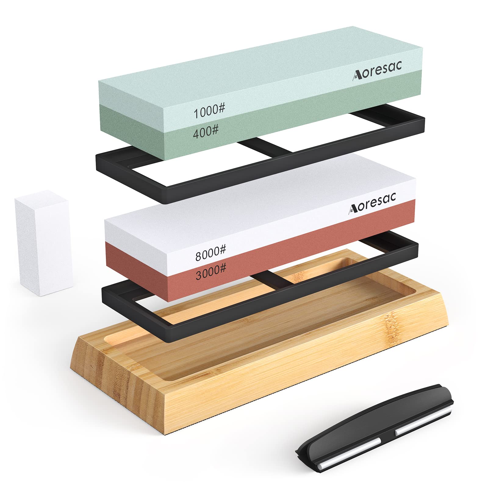 Aoresac Knife Sharpener Set 400/1000, 3000/8000 Double Sided Whetstones with Bamboo Non-Slip Base Fixed Whetstone