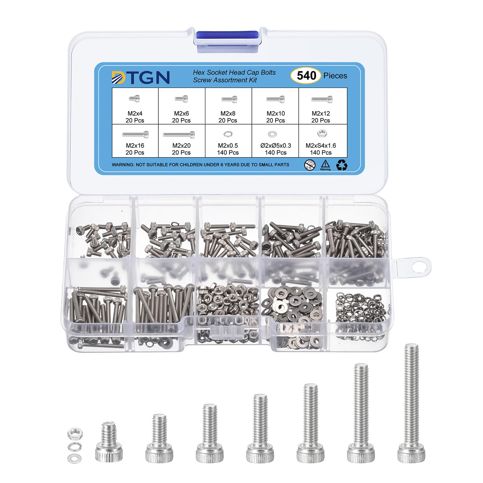 DTGN 540Pcs M2 Metric Screw Assortment, Bolts and Nuts Kit, 304 Stainless Steel M2x4/6/8/10/12/16/20mm Hex Socket Head Cap Screws Bolt Set With Washers for 3D Printing DIY