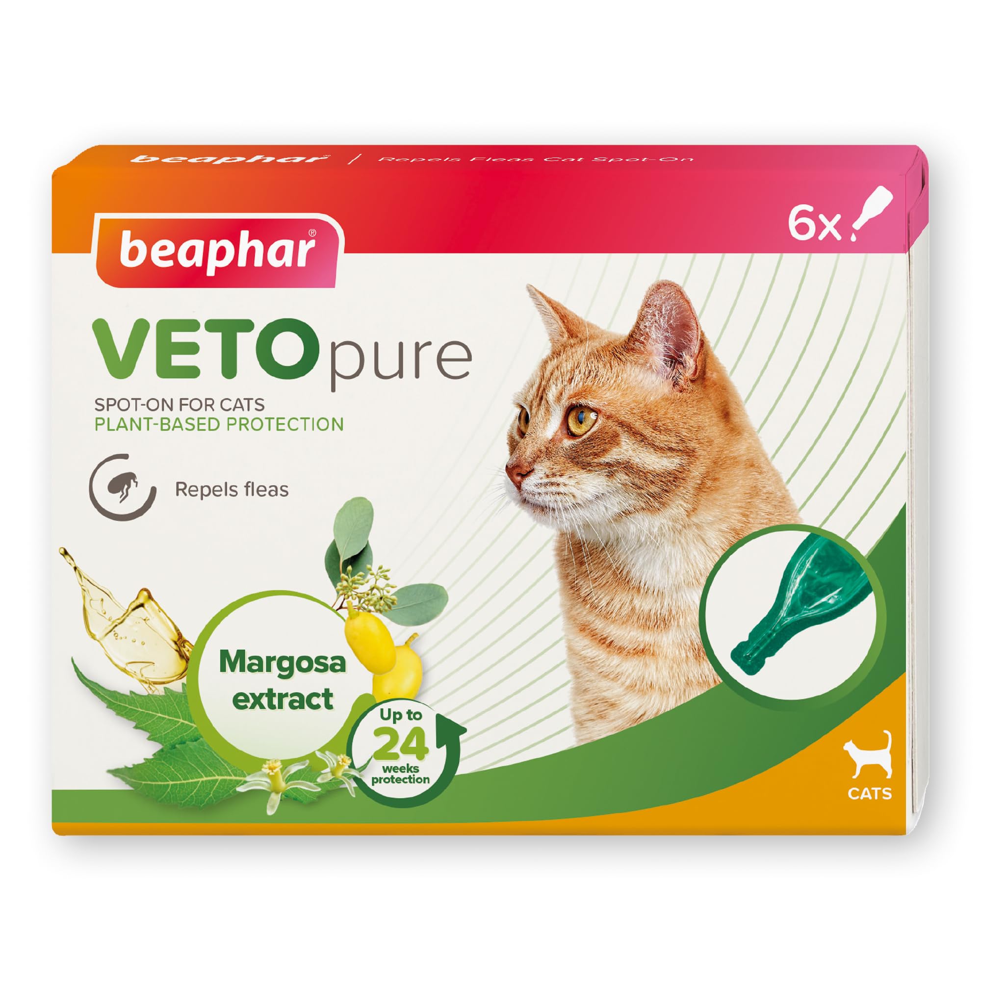 Beaphar – VETOpure Flea Spot On for Cats, 6 pipettes –Plant-Based Protection – Repels Fleas for up to 4 Weeks – Pack Provides up to 24 Weeks Protection – Contains Margosa Extract