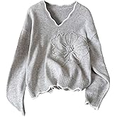 MakeMeChic Women's Floral Sweater V Neck Long Sleeve Scallop Trim Fall Knitted Pullover Tops