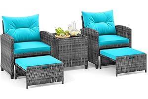 Tangkula 5 Pieces Patio Conversation Set, PE Wicker Rattan Outdoor Furniture Set with 2 Chairs, 2 Ottomans & Tempered Glass C