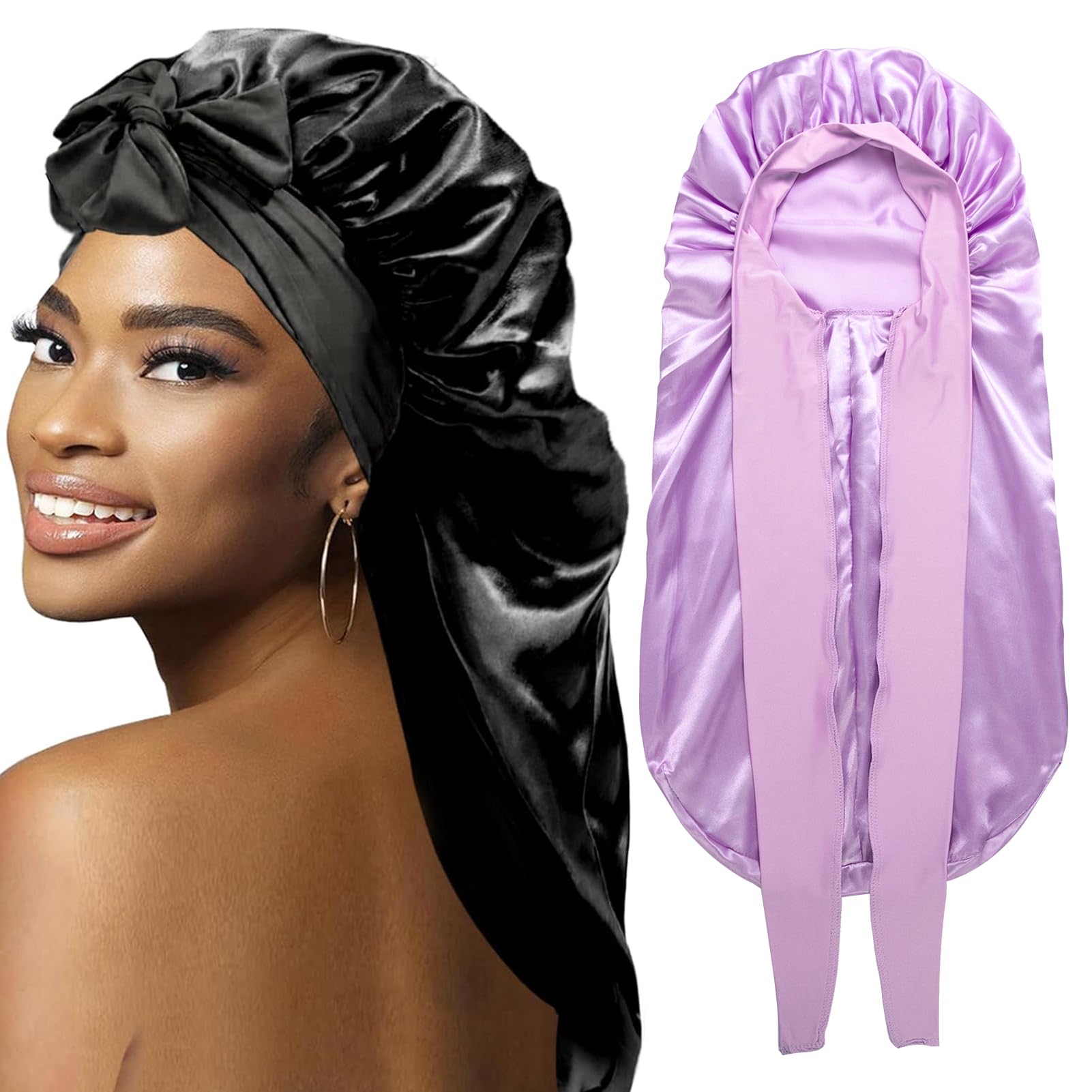 Photo 1 of 2Pcs Bonnets for Black Women Braid Bonnet, Large Long Satin Bonnet for Braids, Silk Bonnet with Stretchy Tie Band Sleep Cap Hair (2Pcs-Black&Purple)