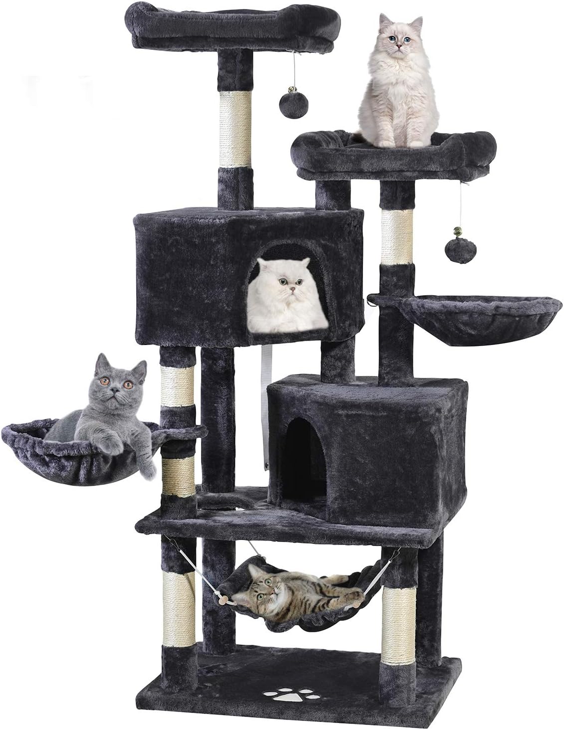 Multi-Level Cat Tree, MQ Cat Tower 57" with Sisal-Covered Scratching Posts Cat Activity Center Play Furniture, Dual Plush Perch, Dual Cat House Condo & Basket, Removable Hammock for Kittens Large Cats : Pet Supplies