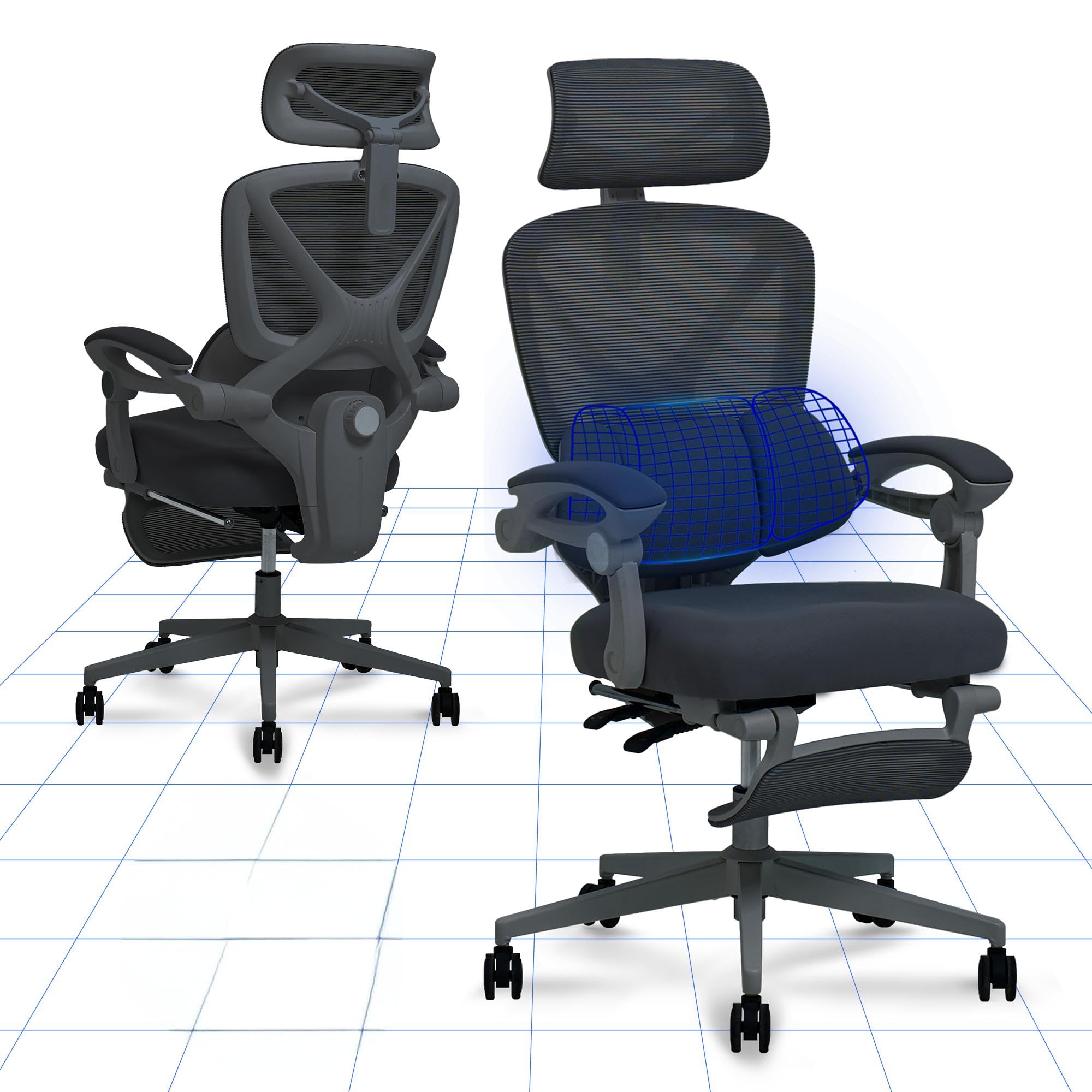 FLEXISPOT Ergonomischer Bürostuhl mit Fußstütze, X-förmiger Schreibtischstuhl mit 135°-Neigung, Gekoppelte Armlehnen mit zonenweise Einstellbarer Lendenstütze, Drehstuhl, 3D-Kopfstütze, Schwarz