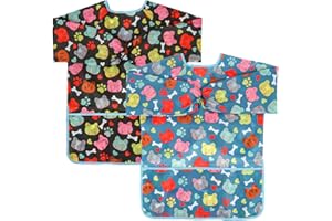 Casoty 2 Pack Kids Art Aprons, Waterproof Children Art Smock, Toddler Paint Smocks, Kids Art Smocks, Kids Paint Smock, Long-sleeved Painting Apron with 3 Roomy Pockets for Age 2-6 Years