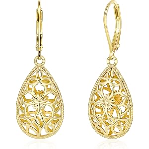 Filigree Silver Leverback Teardrop Dangle Earrings for Women Trendy Gifts | Hypoallergenic Gold Plated Drop Earrings Elegant