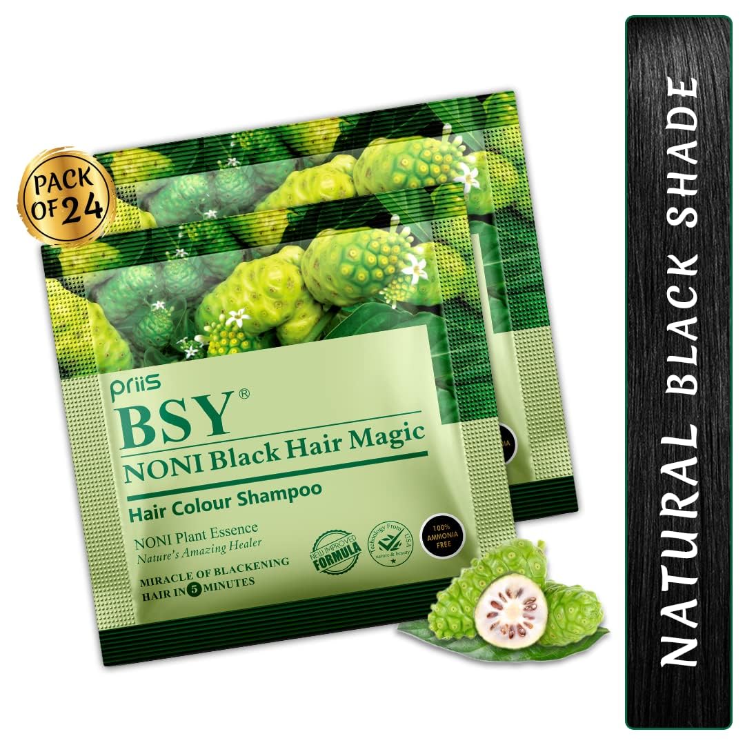 BSY Noni Black Hair Magic Color (12ml x 24 Sachets) - Natural Permanent Hair Dye - Fruit-based - 5 Min. Apply - Ammonia-Free