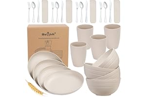WWYYBFK 28PCS Kitchen Wheat Streaw Dinnerware Sets for 4, Wheat Straw Plates and Bowls Sets, College Dorm Dinnerware Dishes Set for 4 with Cutlery Set (Beige)