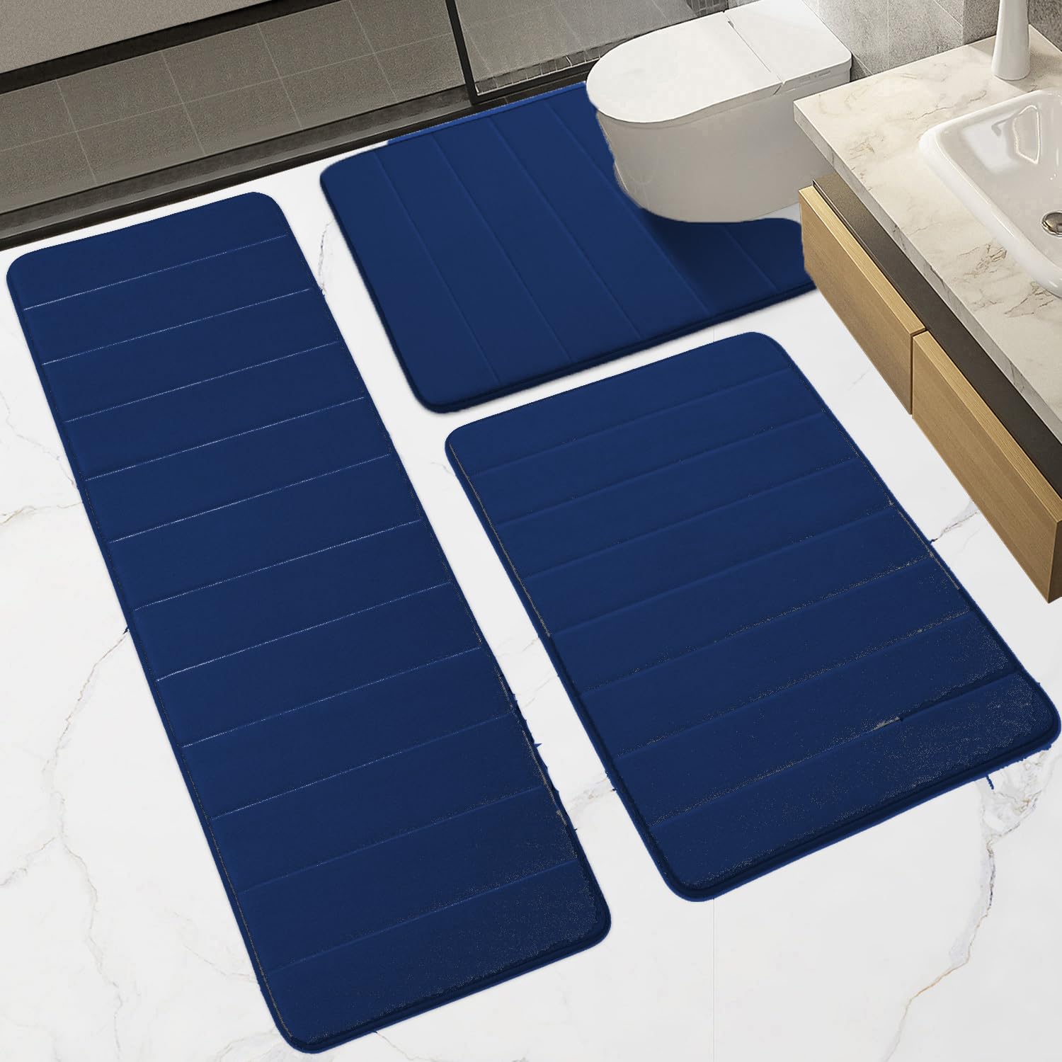 Photo 1 of Memory Foam Bathroom Rugs Sets 3 Piece, Extra Thick Soft Absorbent Non Slip Upgraded, Washable Toilet Shower Bath Mat for Bedroom, Living Room (Navy Blue, U Shape 24” X 24”+24” X 32”+17” X 48”)