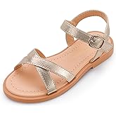 PANDANINJIA Elva Girls Sandals Open Toe Cute Flats Dress Sandals Cross Strappy Summer Shoes Toddler/Little Kid/Big Kid