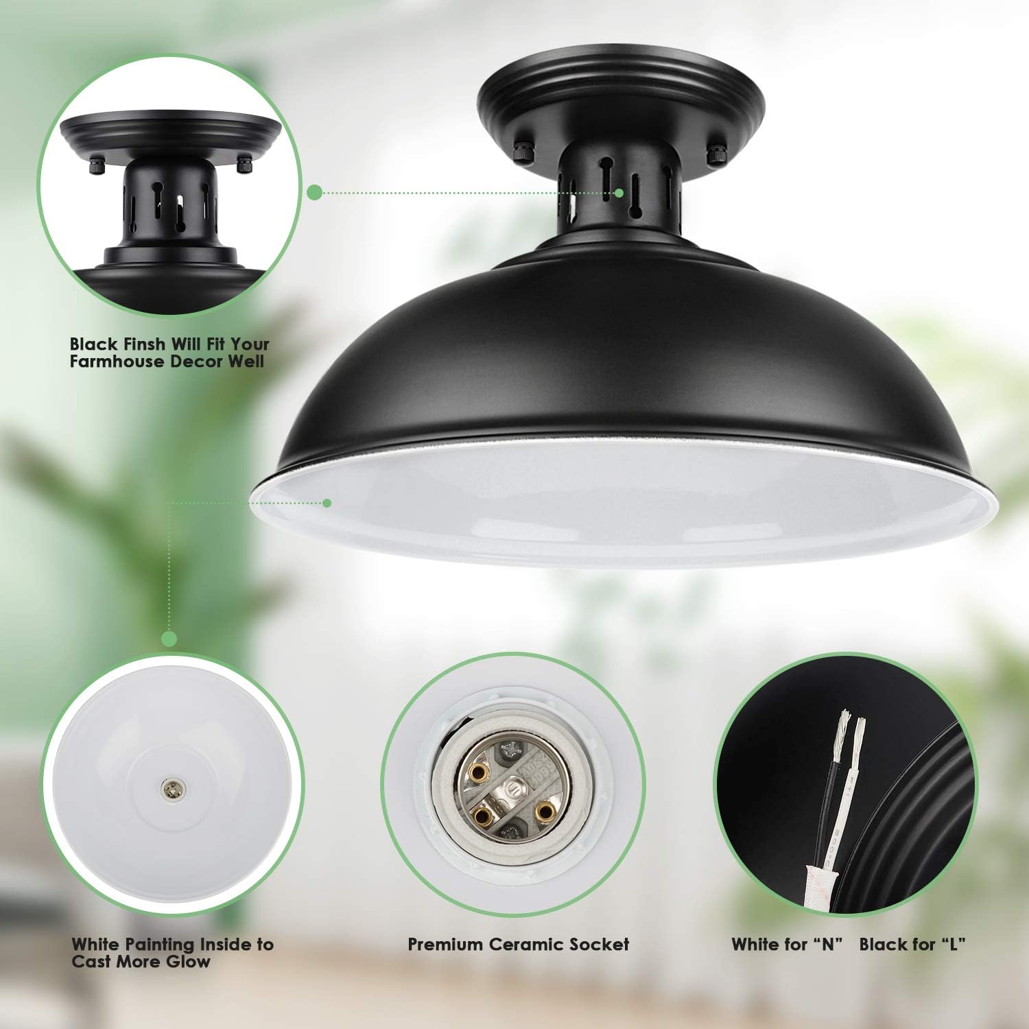 Farmhouse Semi Flush Mount Ceiling Light Fixture, E26 Medium Base, Industrial Black Pendant Lamp Shade, Great Close to Ceiling Lighting for Kitchen Island Corridor Porch Bedroom Foyer Hallway Entryway - - 