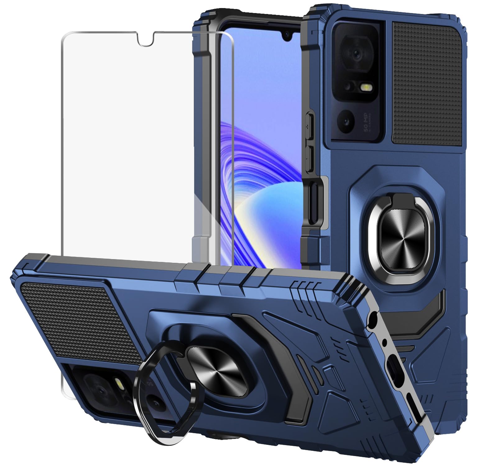 MQERYBV for TCL 505 Case with Tempered Glass Screen Protector Protection Cover Shockproof Heavy Duty [Military-Grade] Rugged Phone Case with Kickstand for TCL 505 (Blue)