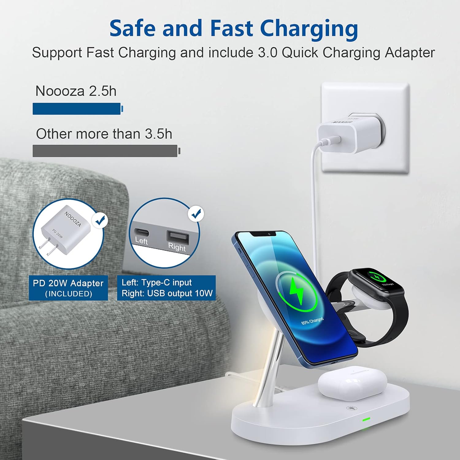 NOOOZA 3 in 1 Magnetic Wireless Charger Fast Charging Station Dock with 20 W QC3.0 Adapter Compatible with iPhone 12/12 Pro Max/Mini/AirPods Pro/AirPods 2 Magsafe Case iwatch Series, White: Electronics