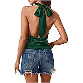 MAKEMECHIC Women's Satin Silk Halter High Neck Tops Backless Sleeveless Camisole Party Club Classy Going Out Top