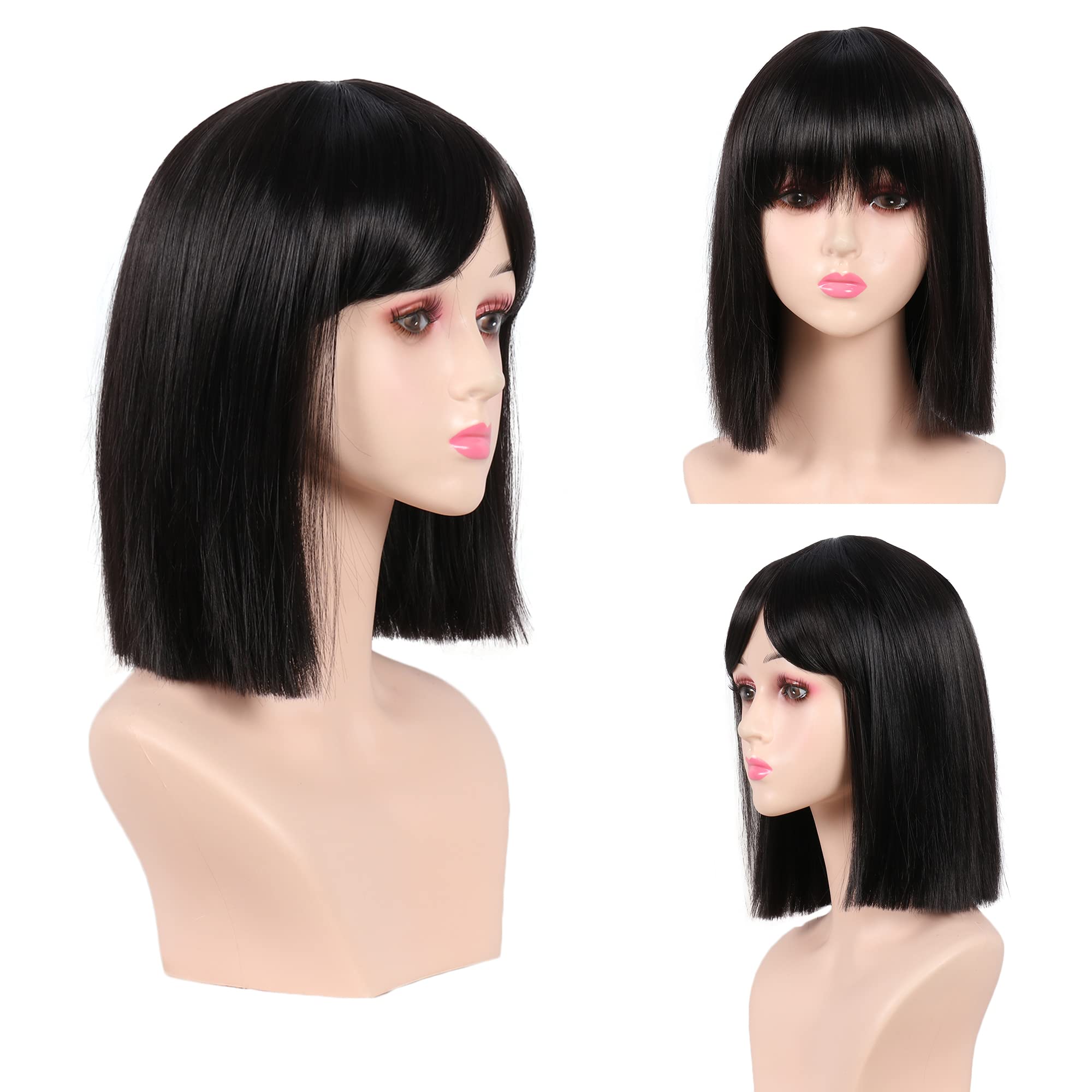 MEIRIYFA Black Short Bob Wig Straight with Air Bangs, Middle Length Bob Hair Piece Heat Resistant Synthetic Full Wig for Women Girl Daily Wear Party Cosplay Halloween